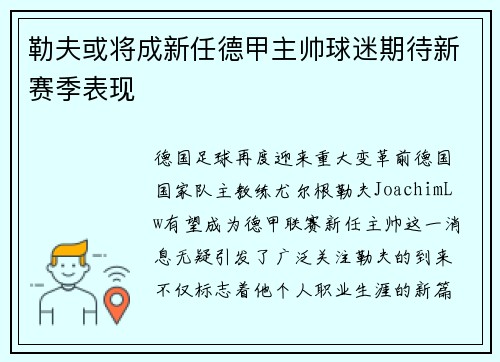 勒夫或将成新任德甲主帅球迷期待新赛季表现